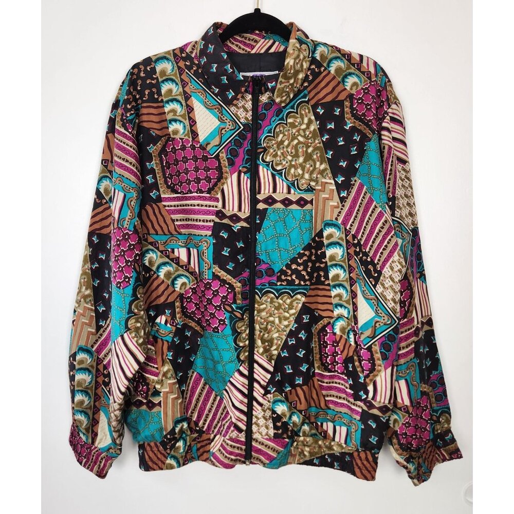 Vintage Oleg Cassini 100% Silk Full Zip Retro Patchwork Design Jacket, Large